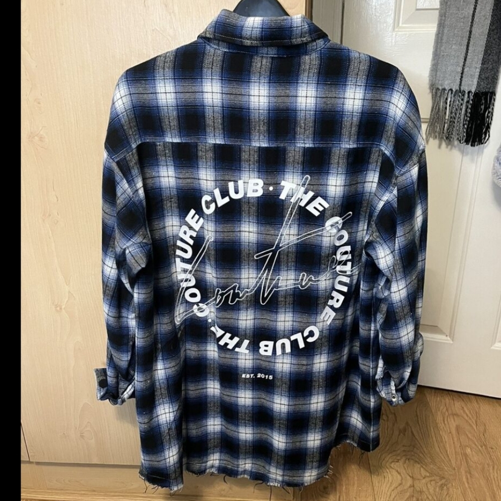The Couture Club Blue Plaid Shirt with back Circle Graphic